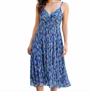 Y2K Esprit 100% Silk Blue Purple Abstract Print Midi Dress Adjustable Strap Sz 8